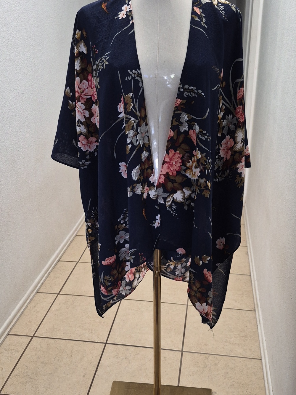 Navy Floral Open-Front Kimono Jacket